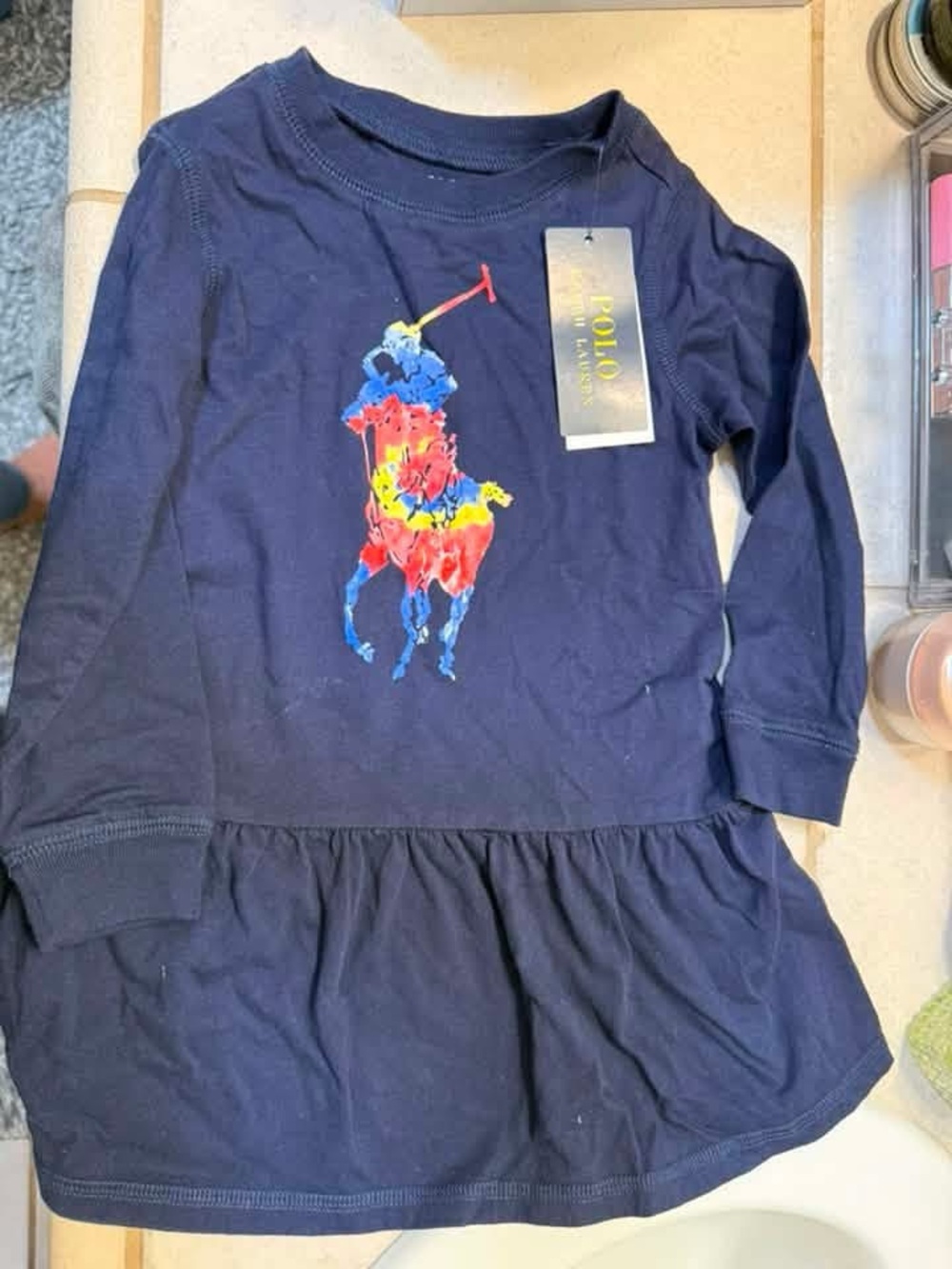 Polo by Ralph Lauren Navy Long-Sleeve Girls Dress with Colorful Polo Pony